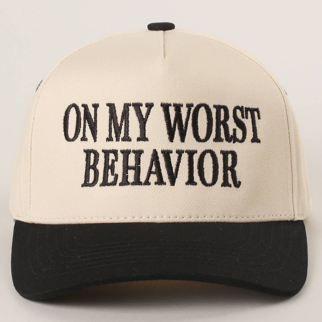 ON MY WORST BEHAVIOR Embroidered Trucker Hat: BROWN / One Size