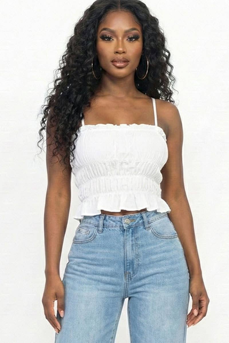 Tiered Shirred Body Crop Top: BLACK