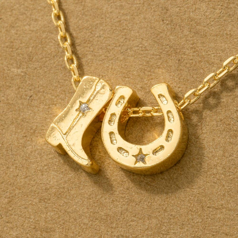 Cowboy Boots Horse Shoe Charm Necklace