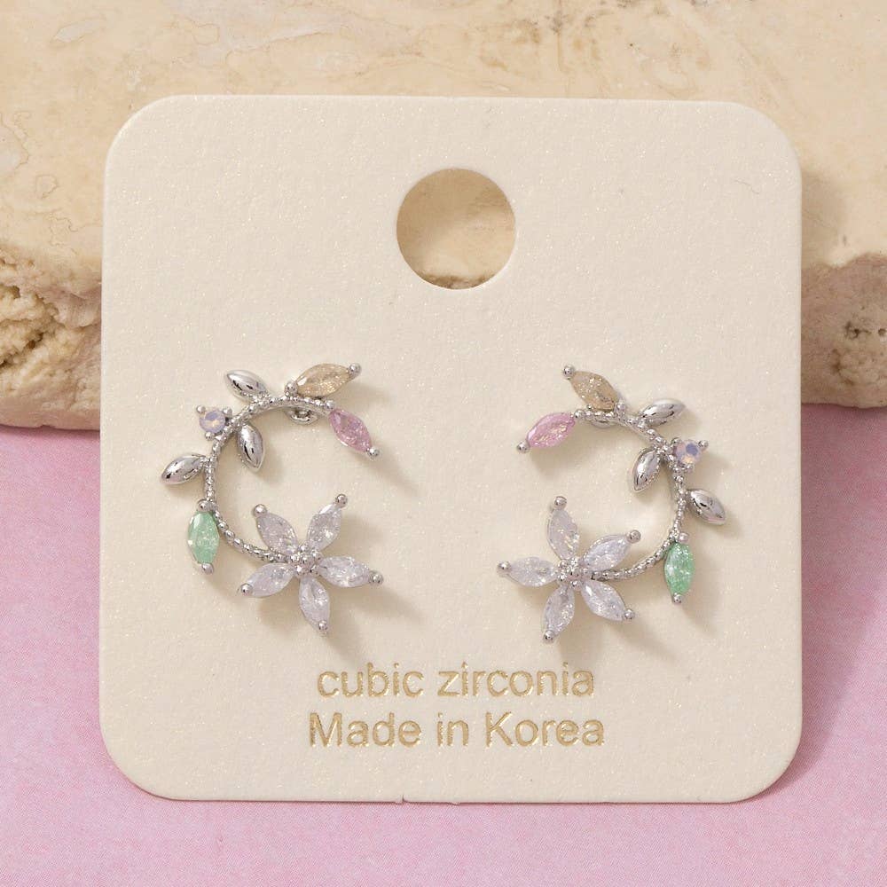 Leaf And Flower Circle Stud Earrings
