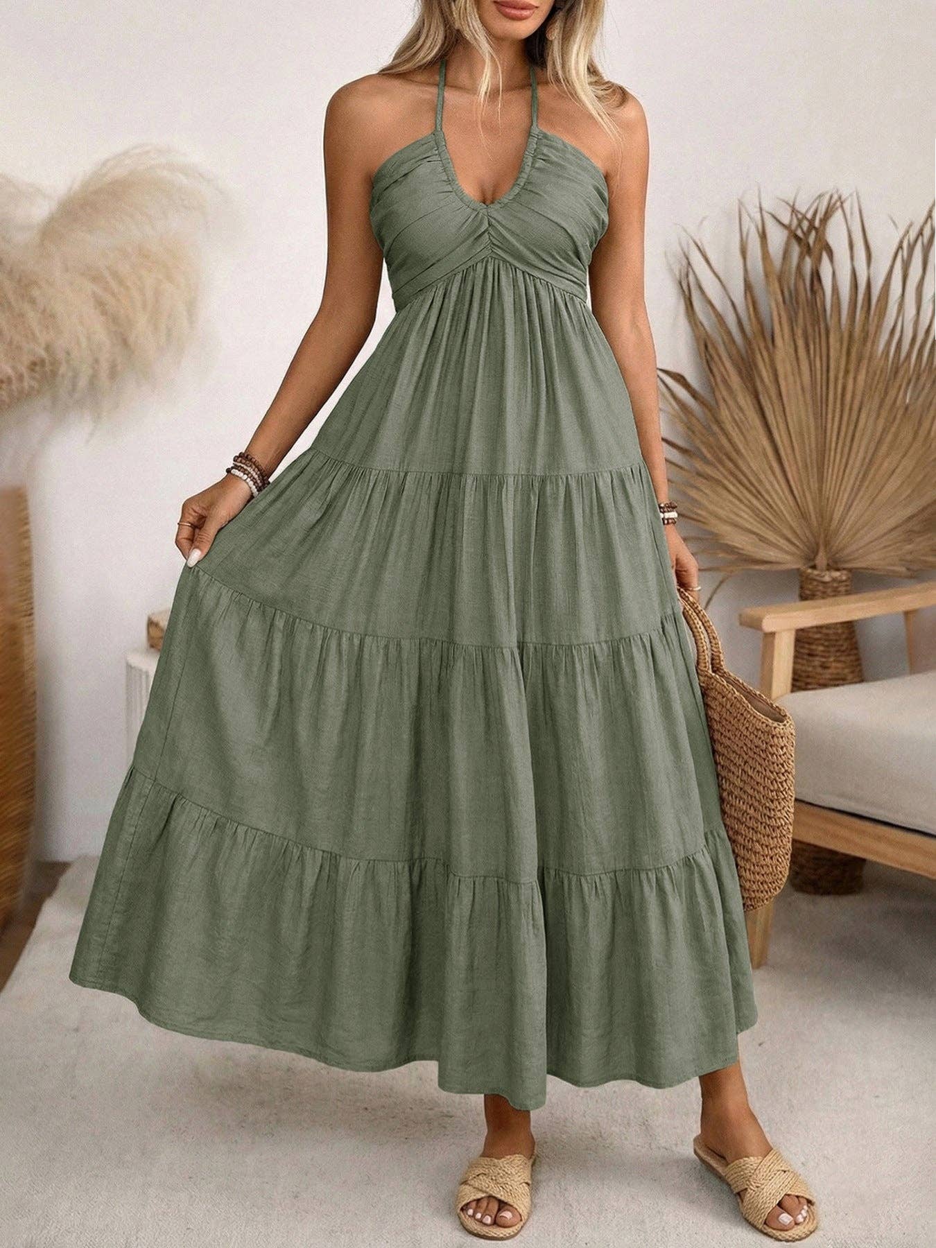 Women's Halter Tiered Maxi Dress Backless Boho Summer Vacation