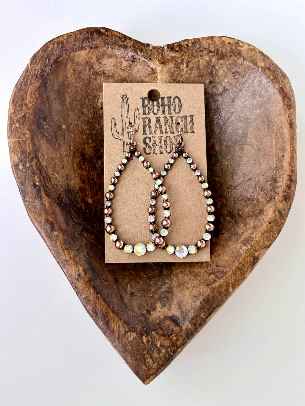 Western Style Open Teardrop Rhinestone Hoop Dangle Earrings: Copper