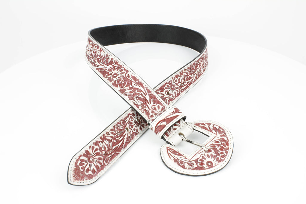 Tooled Floral Leather Belt with Covered Buckle ABB 38 1001