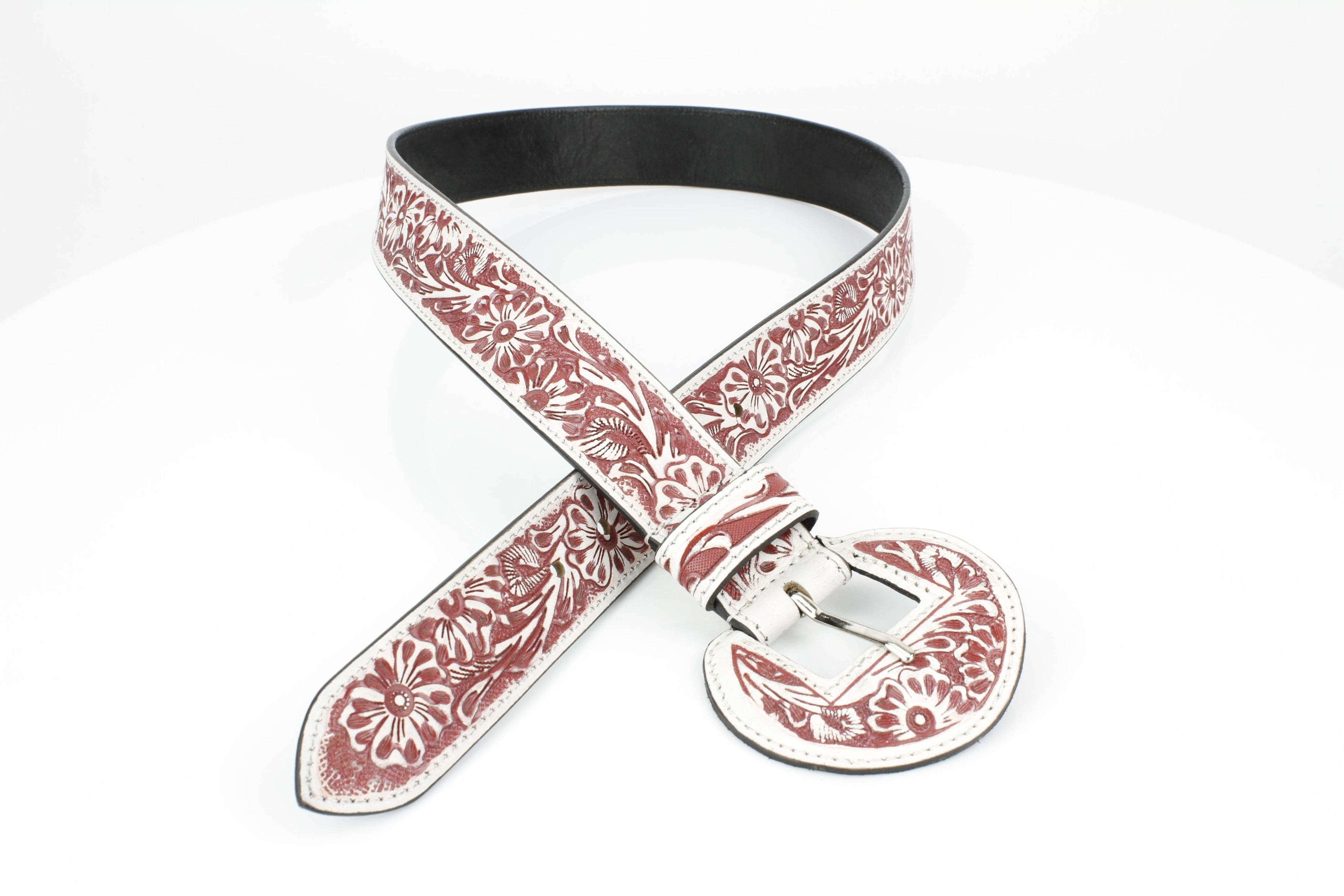 Tooled Floral Leather Belt with Covered Buckle ABB 38 1001