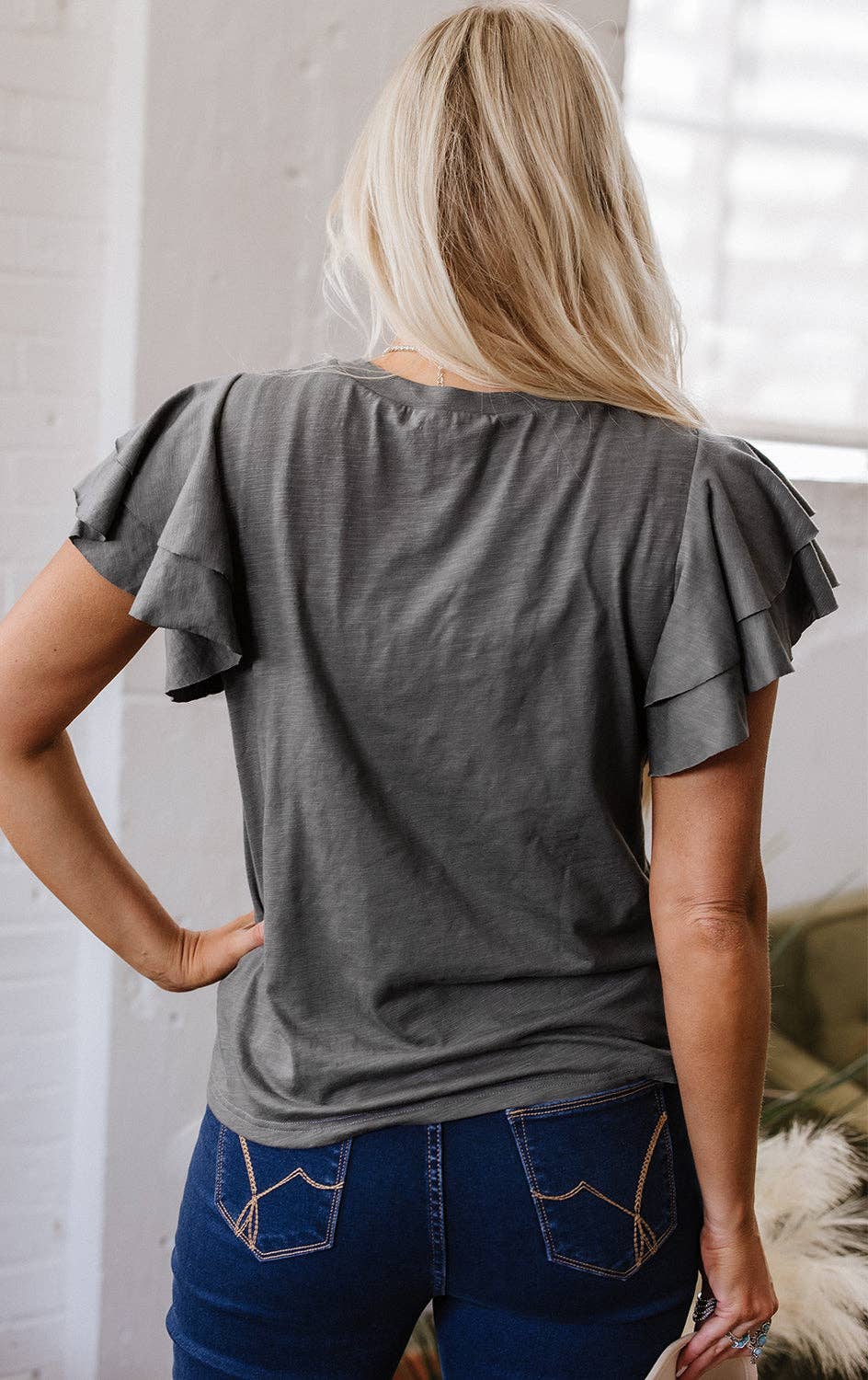 Dark Grey Ruffle Sleeve Tee Casual Summer Top: Dark Grey