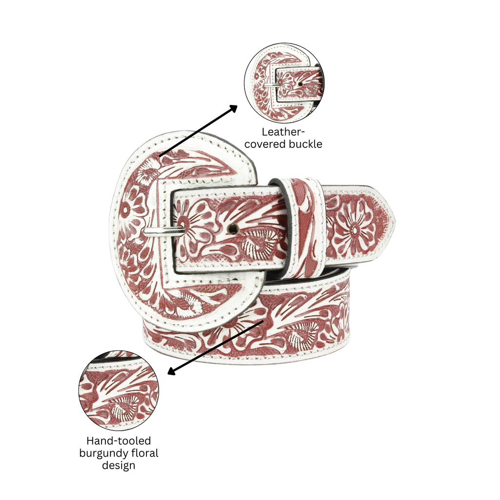 Tooled Floral Leather Belt with Covered Buckle ABB 38 1001