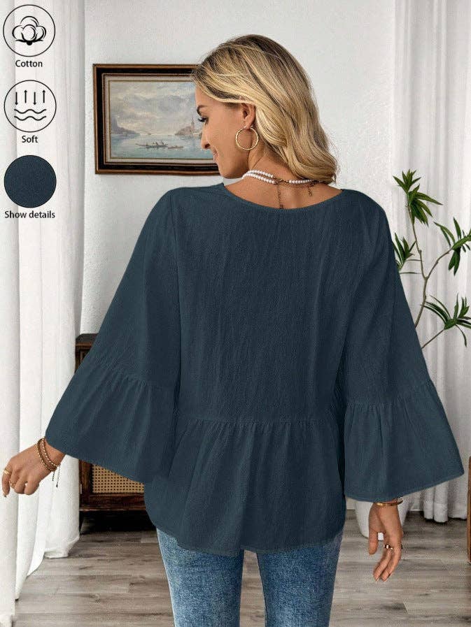 Cotton V-Neck Ruffle Sleeve Top Flowy Loose Blouse