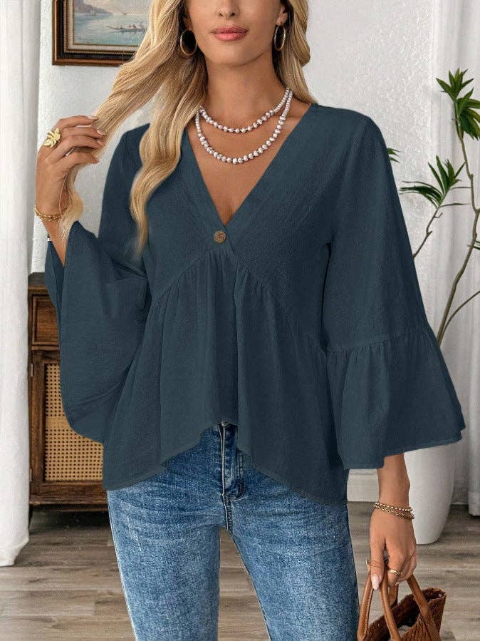 Cotton V-Neck Ruffle Sleeve Top Flowy Loose Blouse