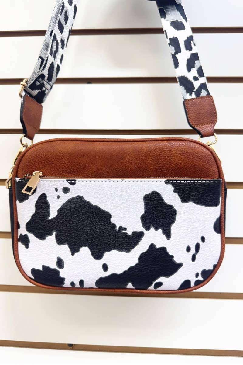 COW PRINT HANDBAG WITH COIN PURSE : White