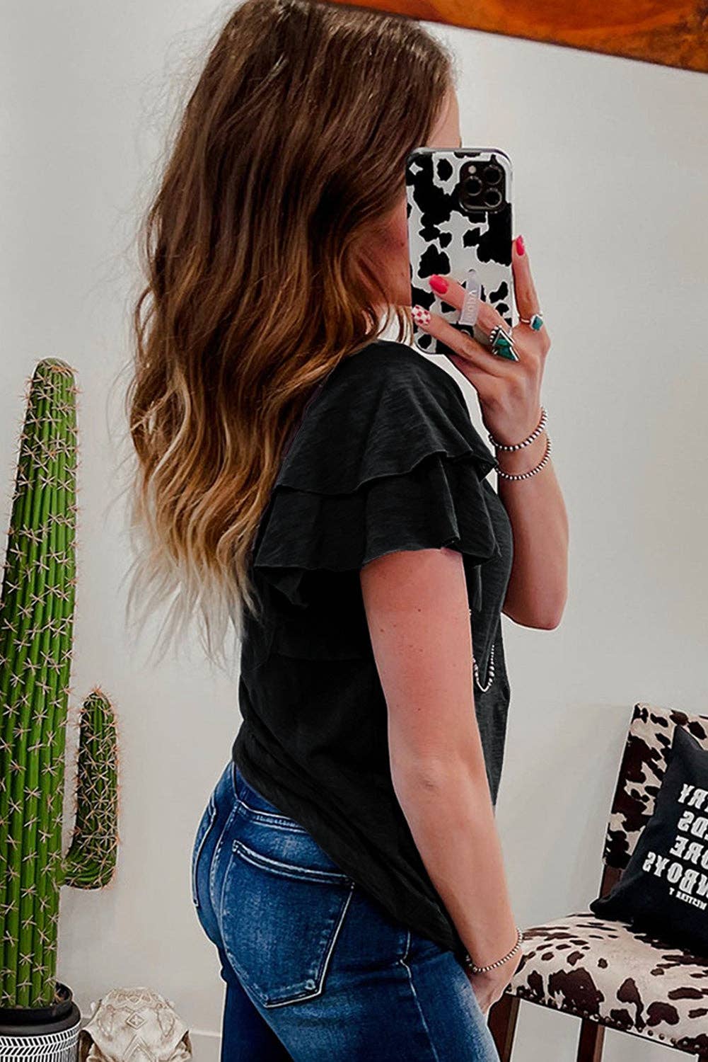 Dark Grey Ruffle Sleeve Tee Casual Summer Top: Dark Grey