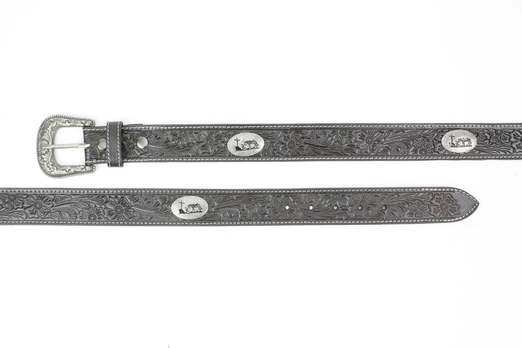 Tooled Leather Western Belt with Kneeling Cowboy