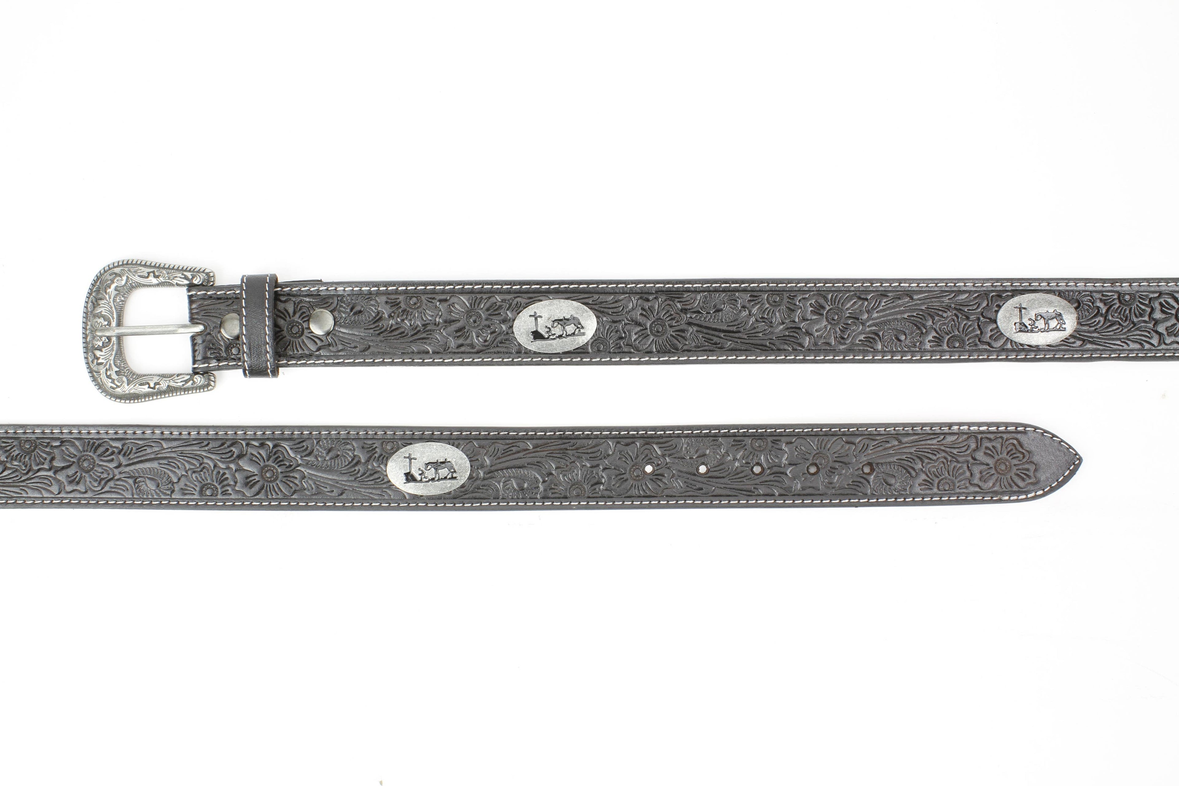 Tooled Leather Western Belt with Kneeling Cowboy