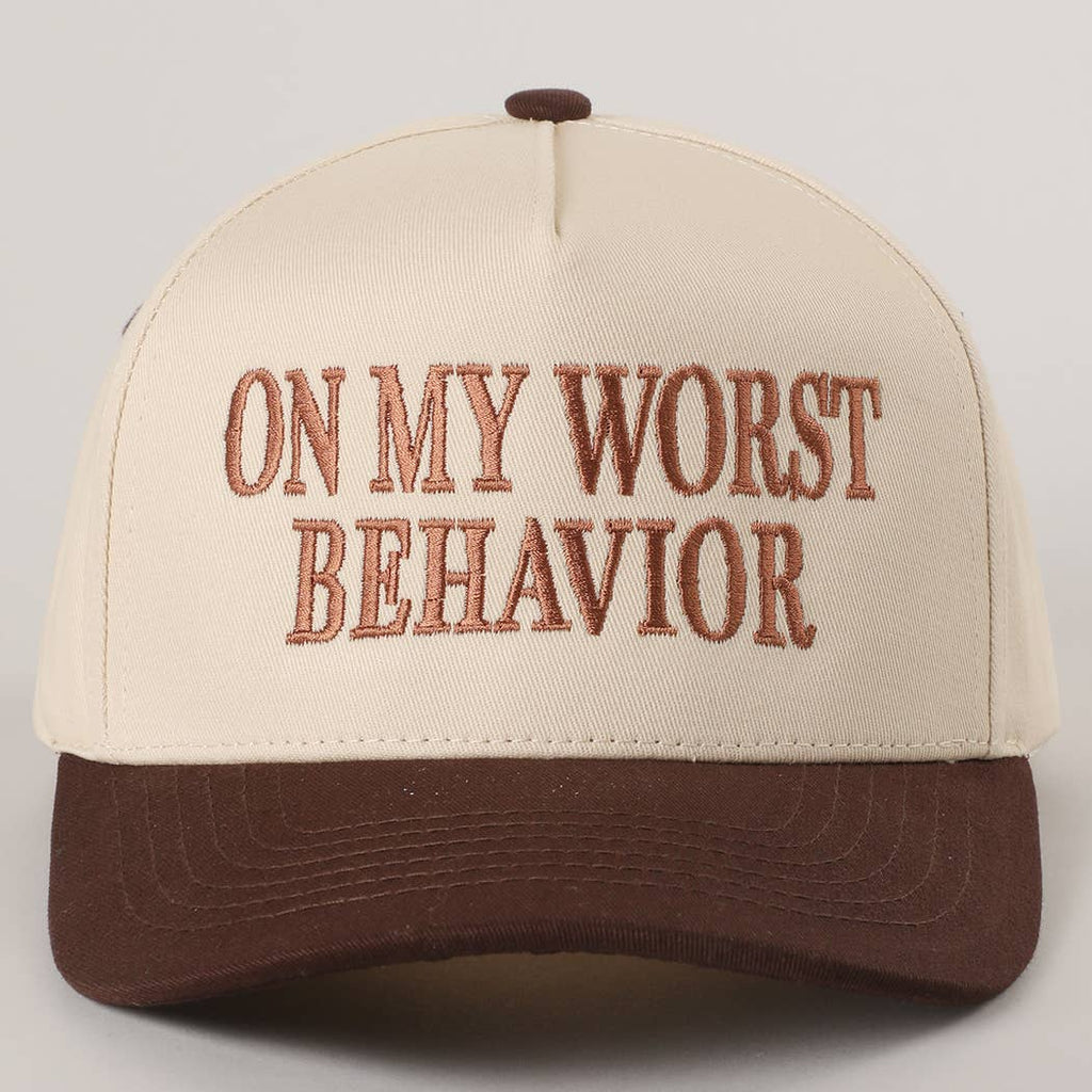 ON MY WORST BEHAVIOR Embroidered Trucker Hat: BROWN / One Size