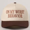 ON MY WORST BEHAVIOR Embroidered Trucker Hat: BROWN / One Size