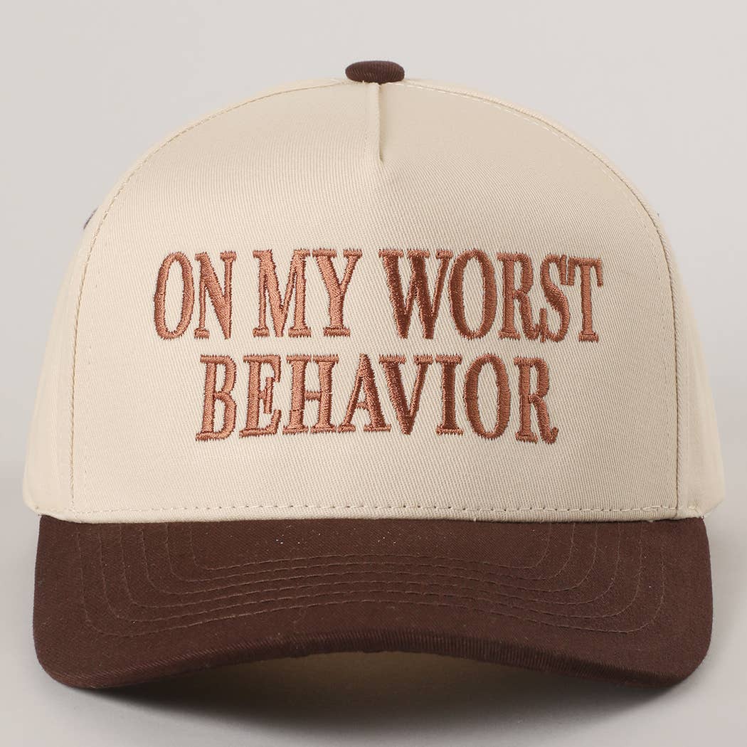 ON MY WORST BEHAVIOR Embroidered Trucker Hat: BROWN / One Size