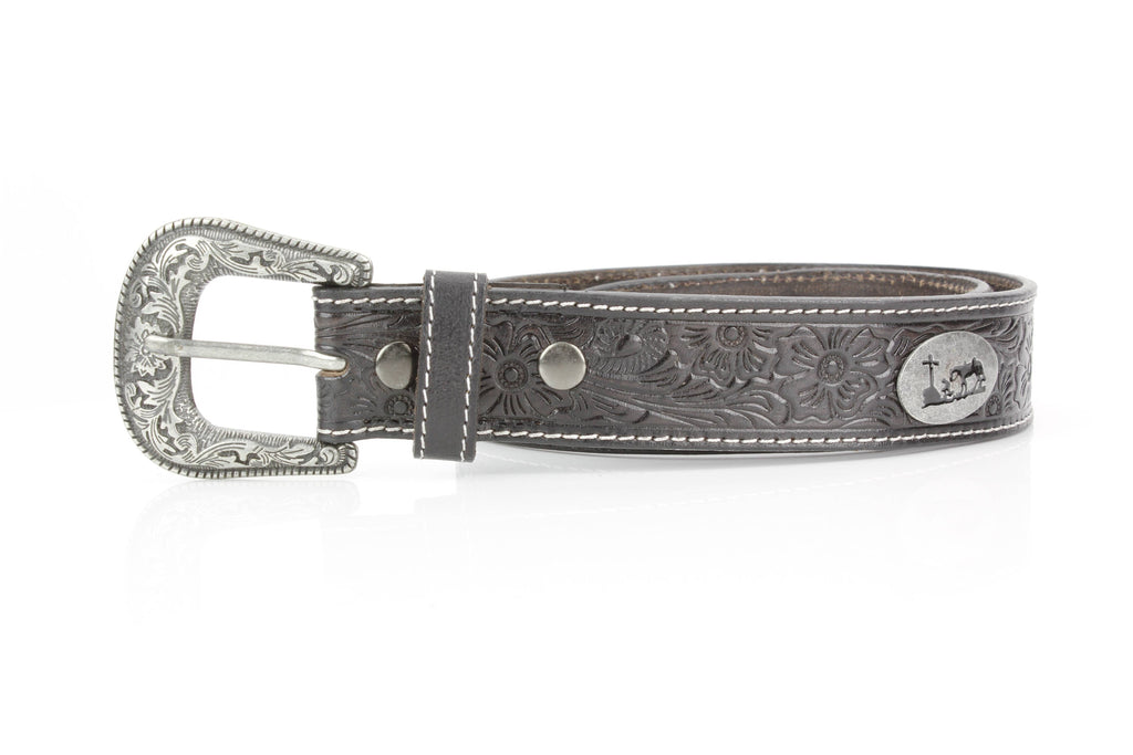 Tooled Leather Western Belt with Kneeling Cowboy