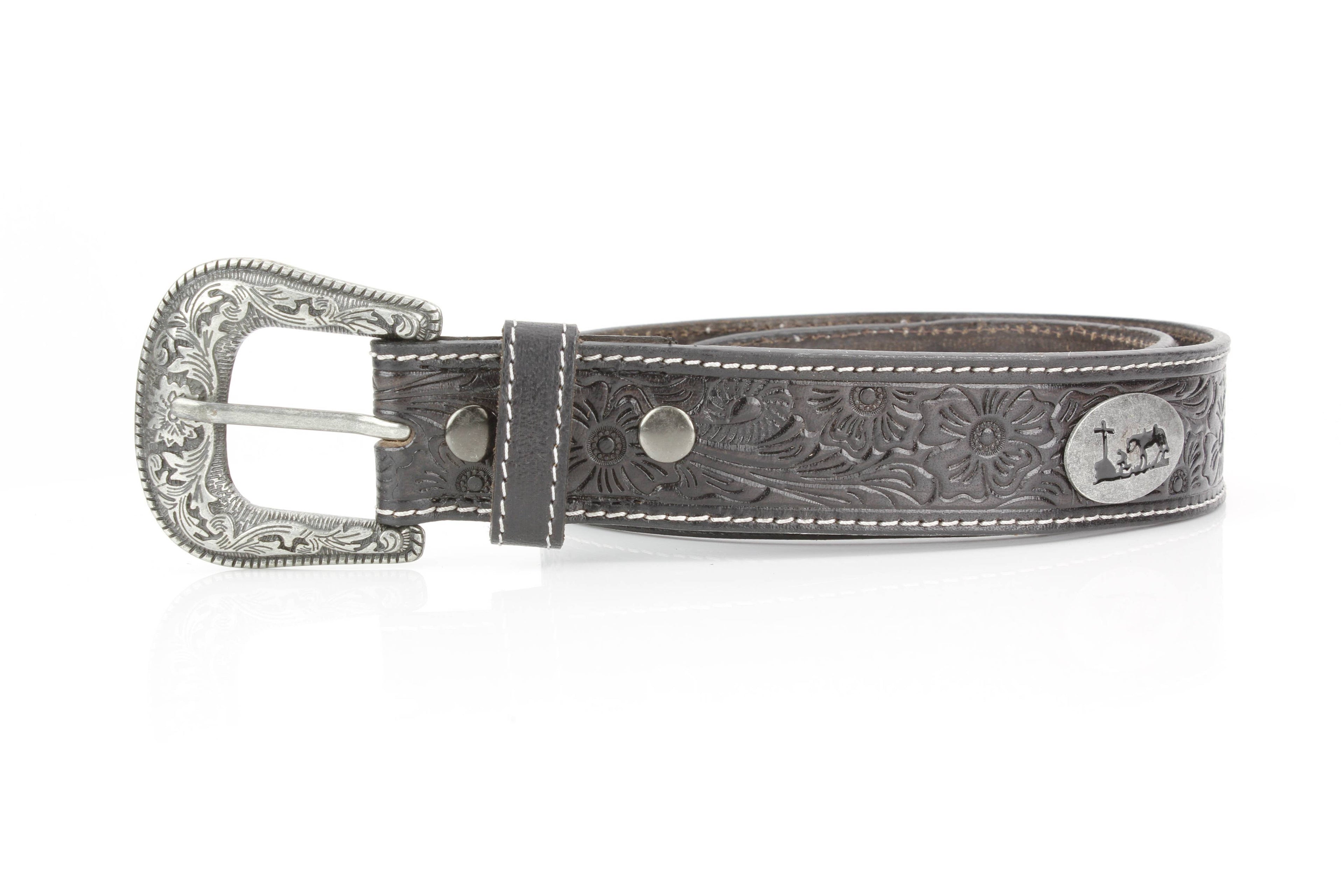 Tooled Leather Western Belt with Kneeling Cowboy