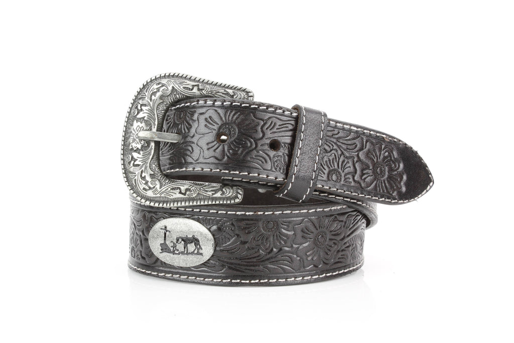 Tooled Leather Western Belt with Kneeling Cowboy