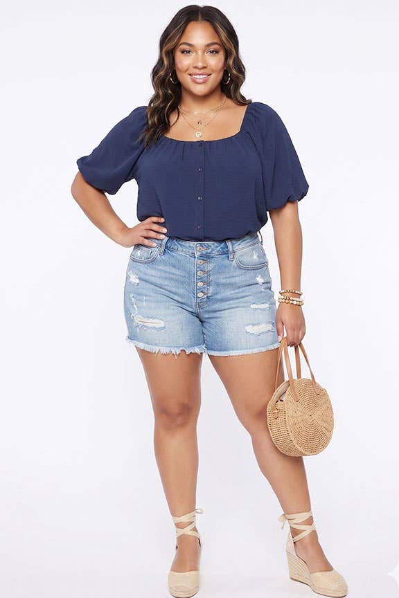 Plus Size Bubble Sleeve Button Front Blouse: Mocha