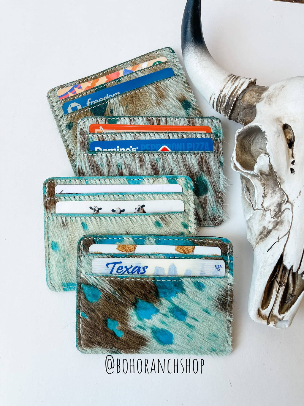 Western Cowhide Credit Card Holder - Money holder: BROWN + WHITE COWHIDE