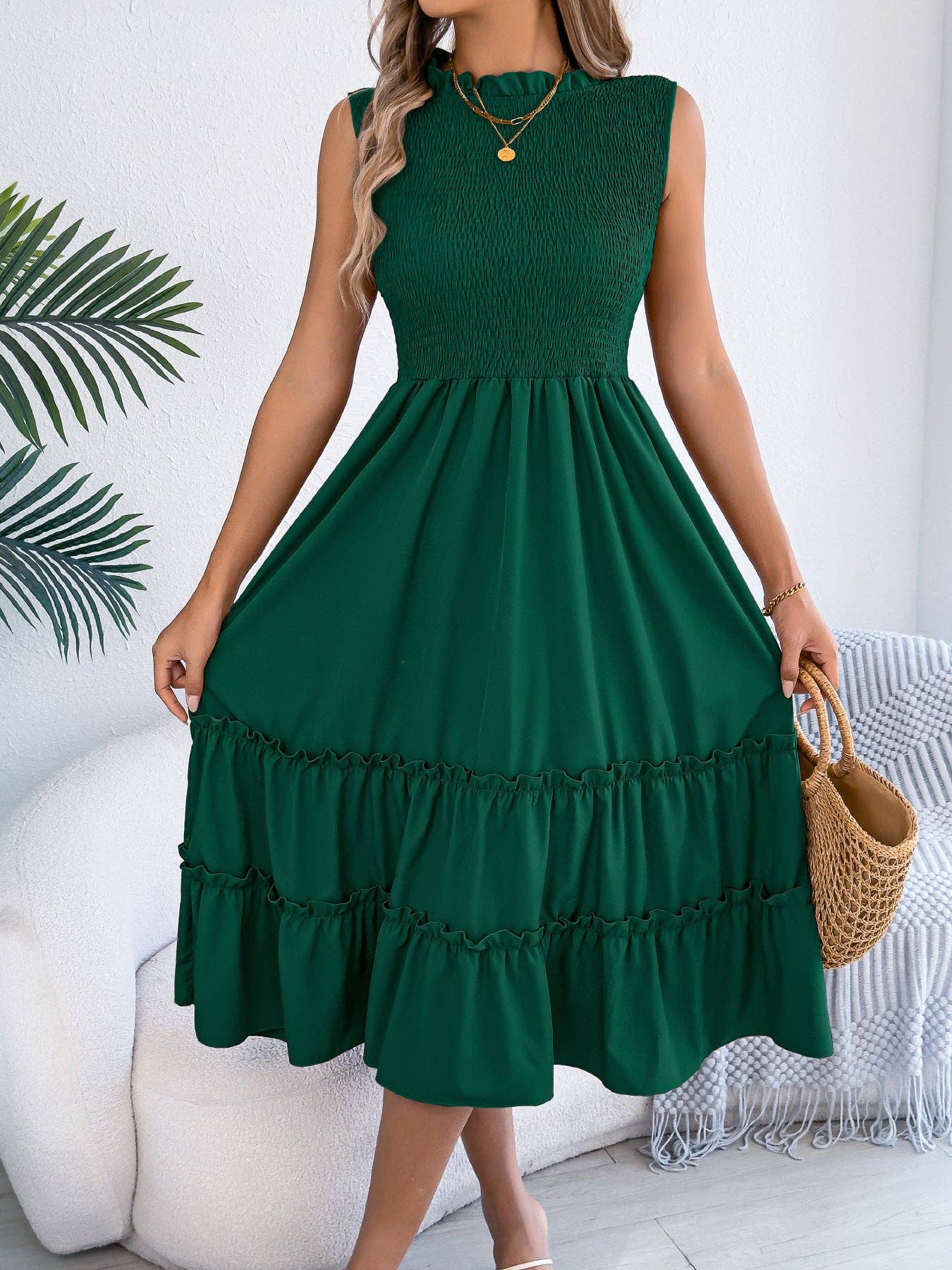 Smocked Sleeveless Ruffle Midi Dress Flowy Summer: Black / 95% Polyester+5% Elastane / L