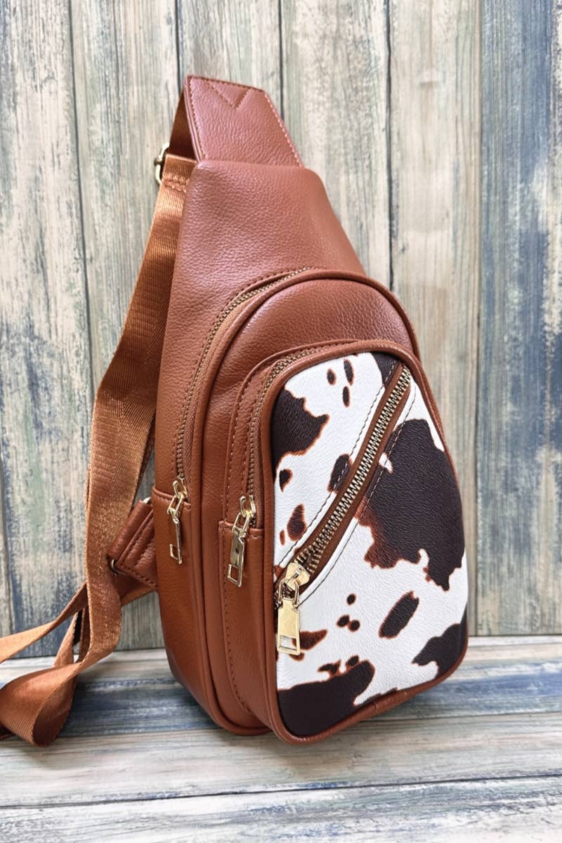 COW PRINT CROSSBODY SLING BAG PURSE : Brown