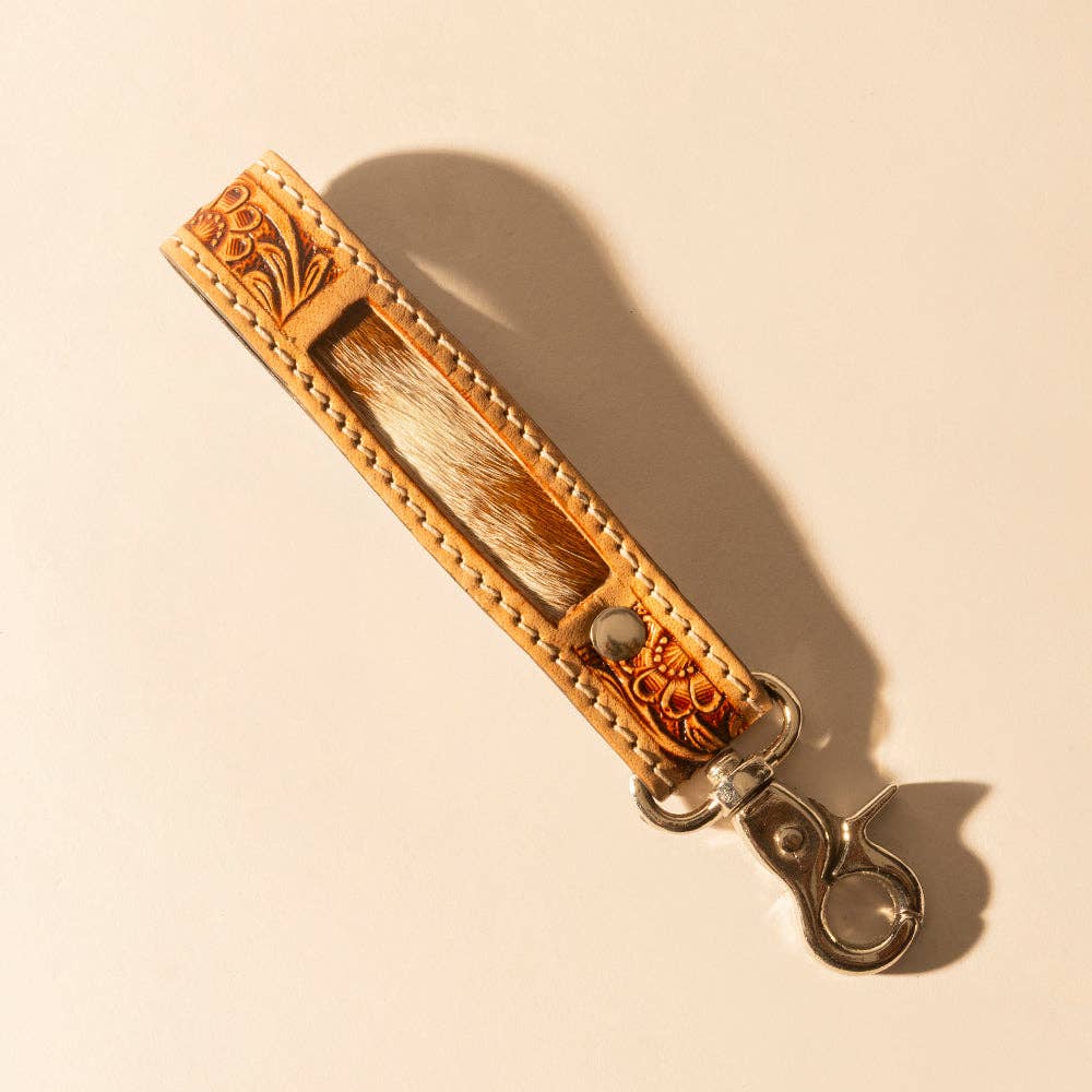 Hide Inlay Western Key Fob in creme with floral detail: Crème