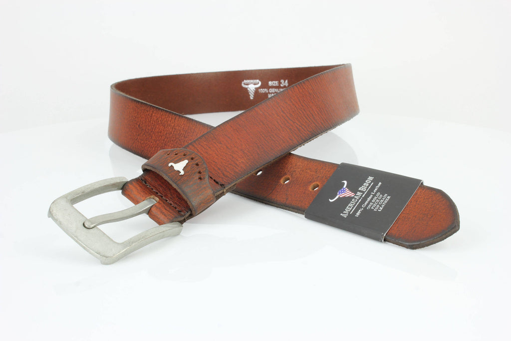 Grain Leather Belt w/ Western Loop & Metal Logo ABB 015: Black