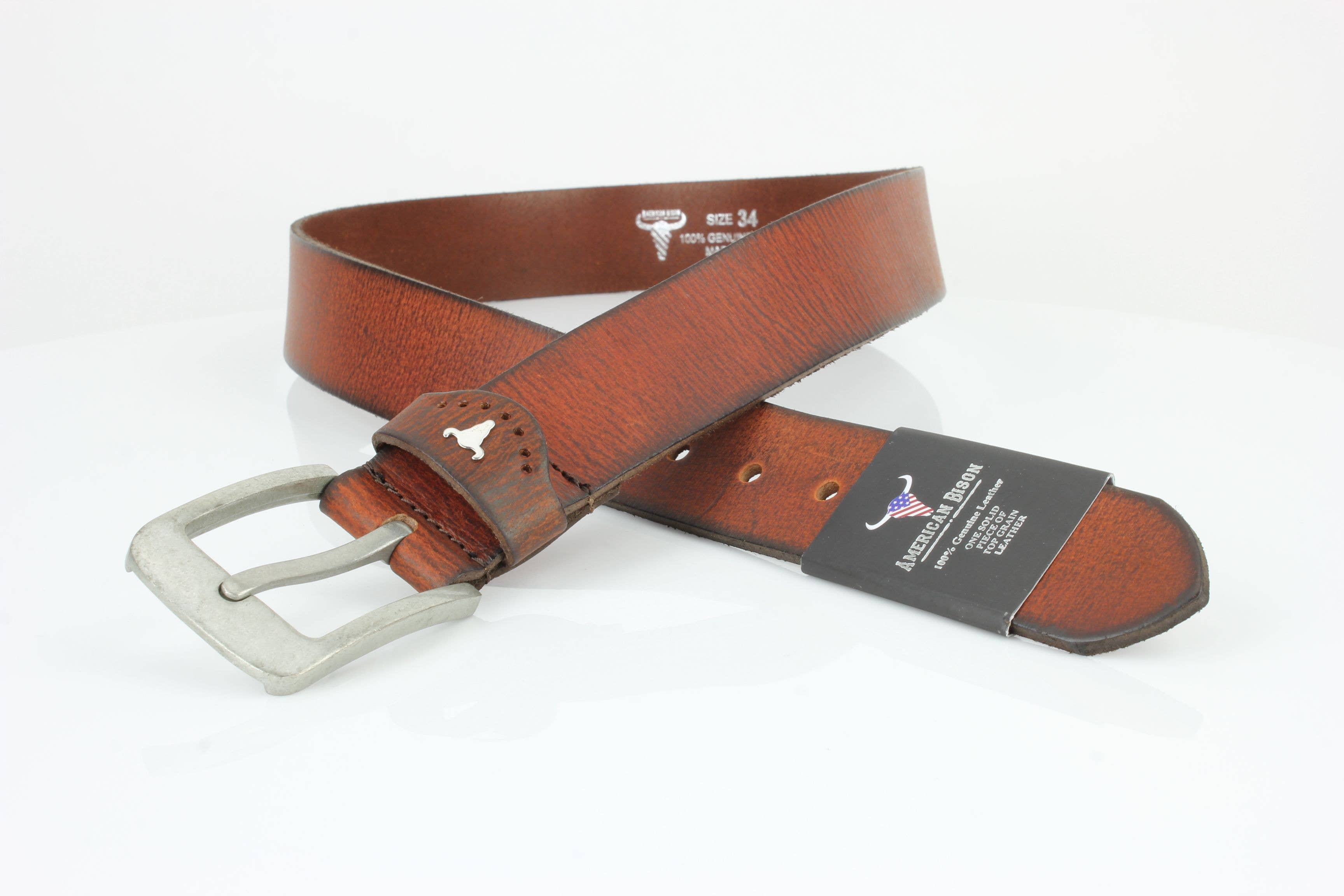 Grain Leather Belt w/ Western Loop & Metal Logo ABB 015: Black